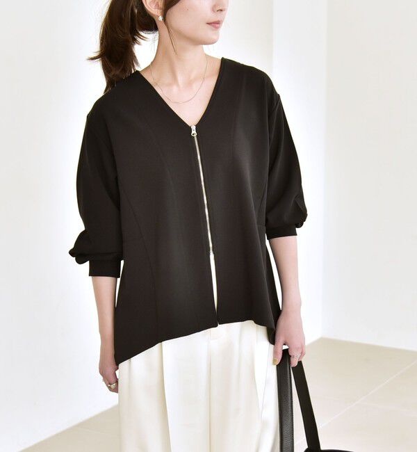 quaranciel「《予約》quaranciel:〈洗濯機可能〉カットジョーゼット Vネック ジップ カーディガン」|カーディガン|