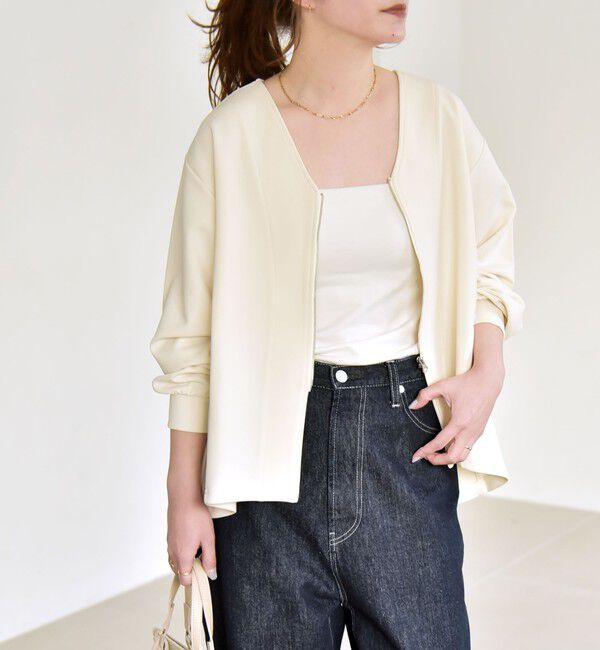 quaranciel「《予約》quaranciel:〈洗濯機可能〉カットジョーゼット Vネック ジップ カーディガン」|カーディガン|