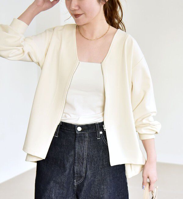 quaranciel「《予約》quaranciel:〈洗濯機可能〉カットジョーゼット Vネック ジップ カーディガン」|カーディガン|