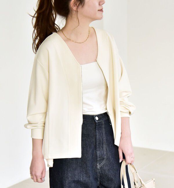 quaranciel「《予約》quaranciel:〈洗濯機可能〉カットジョーゼット Vネック ジップ カーディガン」|カーディガン|