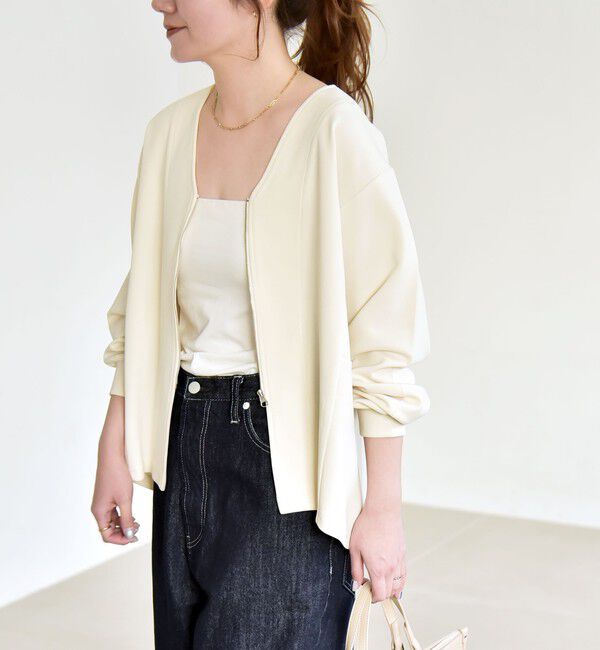 quaranciel「《予約》quaranciel:〈洗濯機可能〉カットジョーゼット Vネック ジップ カーディガン」|カーディガン|