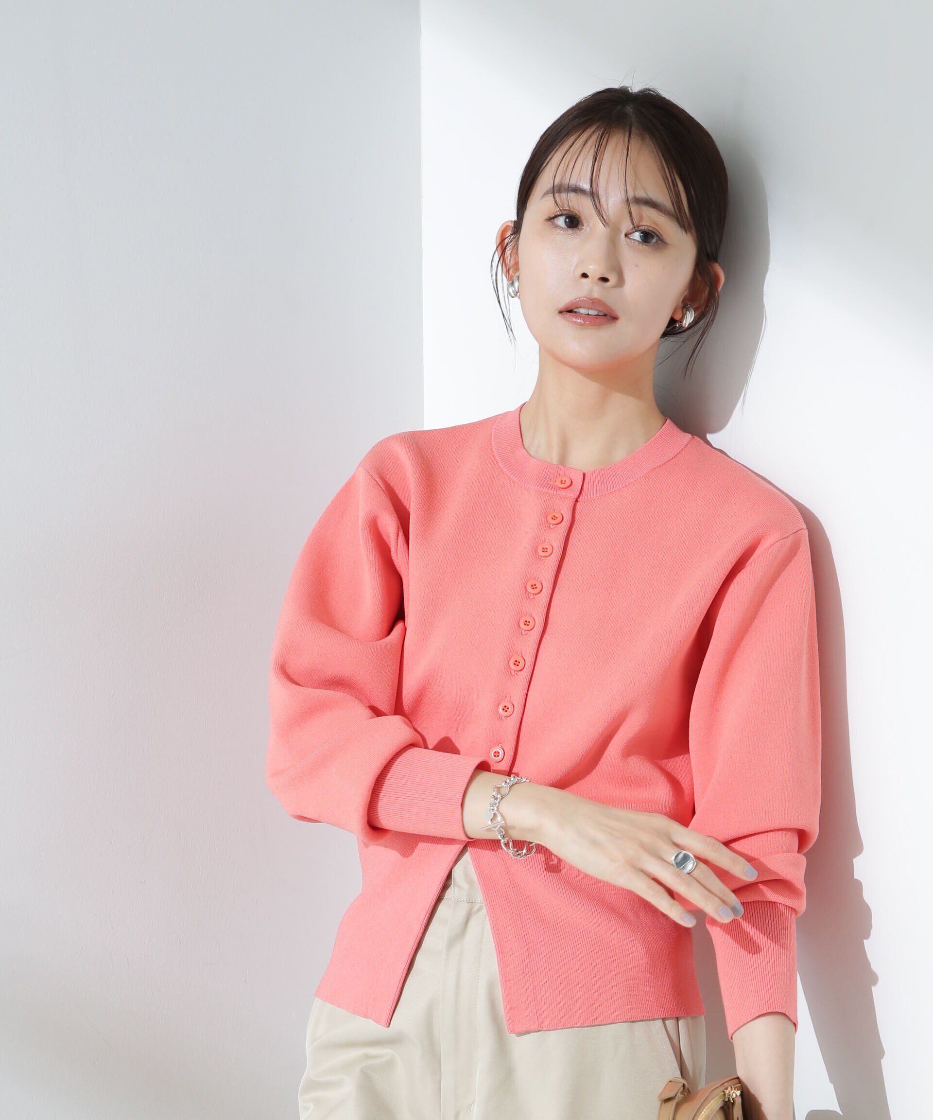 nano･universe「ダブルジャガードクルーネックニットカーディガン」|ニット・セーター|ピンク