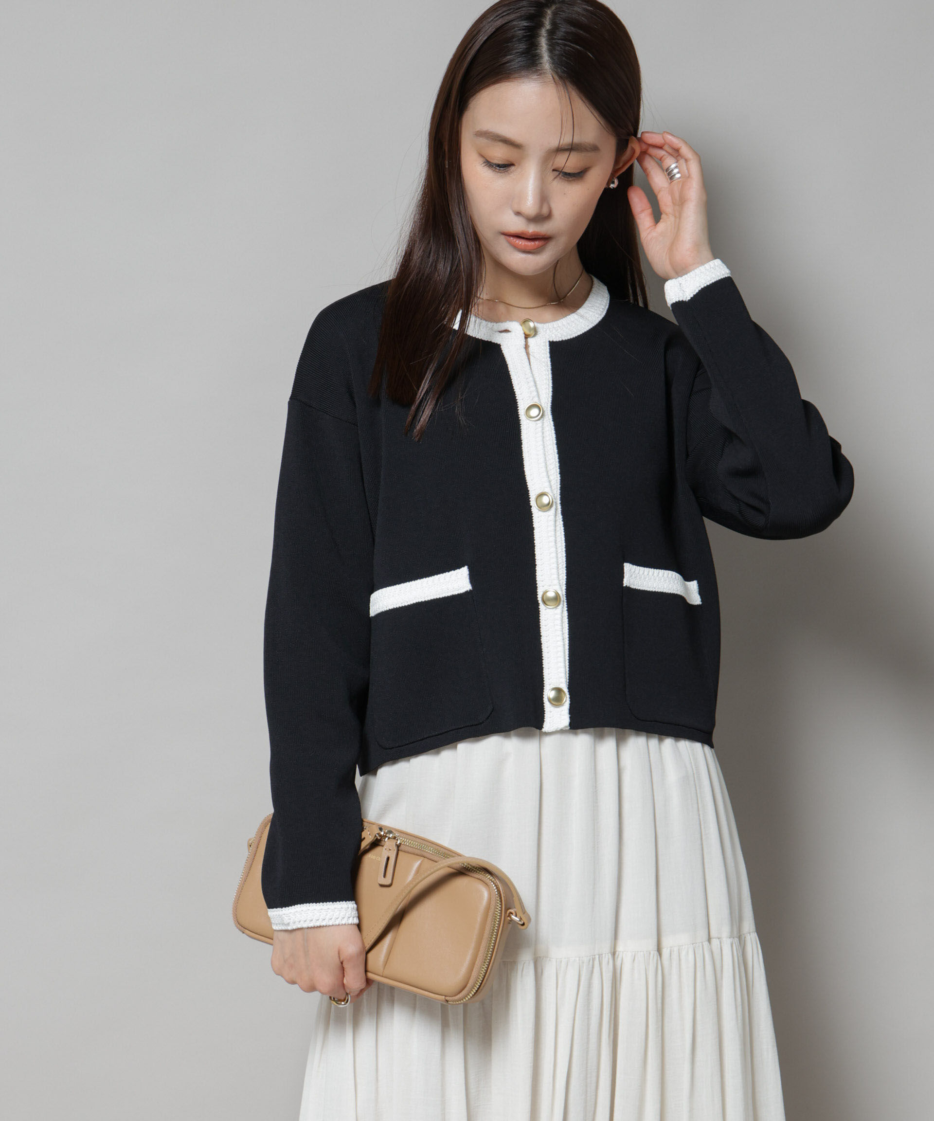 nano･universe「洗濯機洗可配色ジャケットカーディガン」|ニット・セーター|ブラック