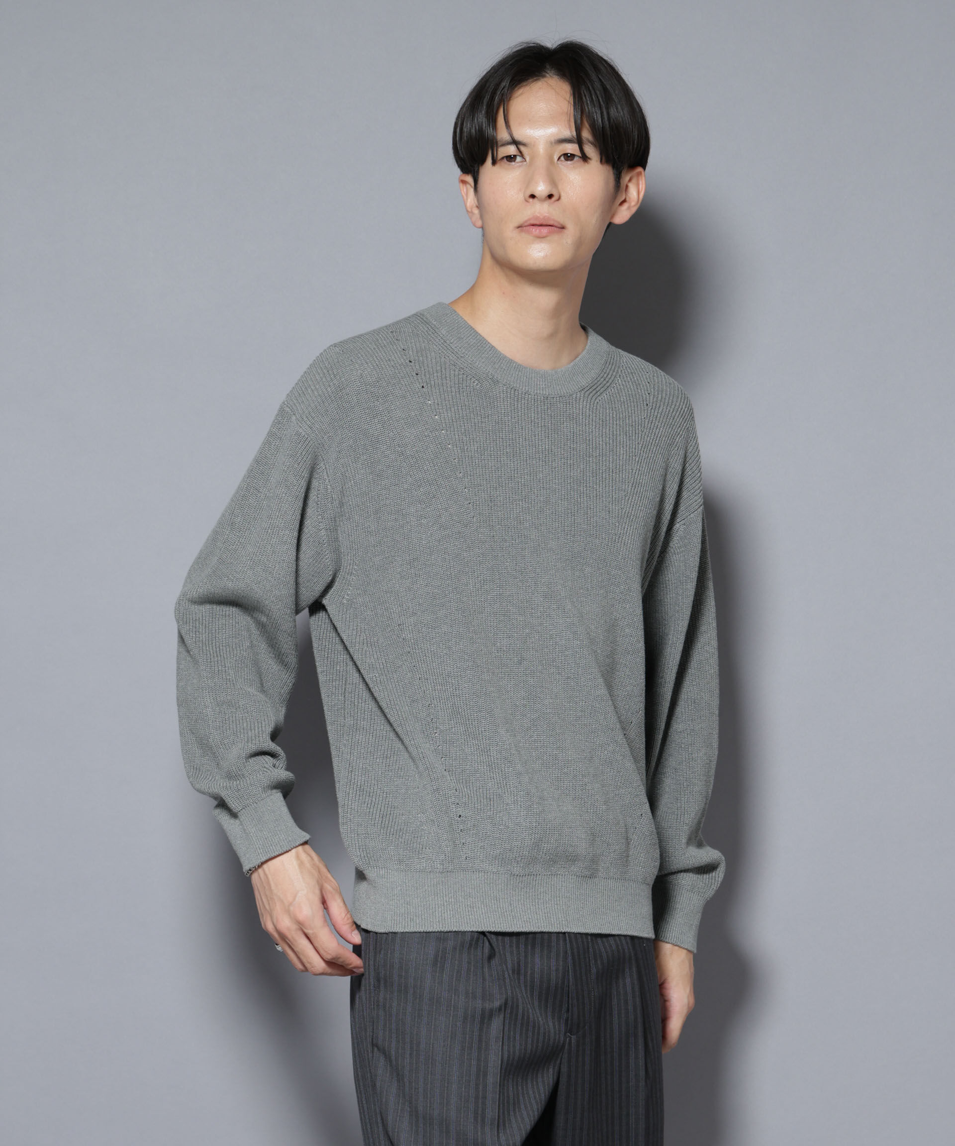 nano･universe「マーセライズコットン 畦クルーネックニット」|ニット・セーター|グレー