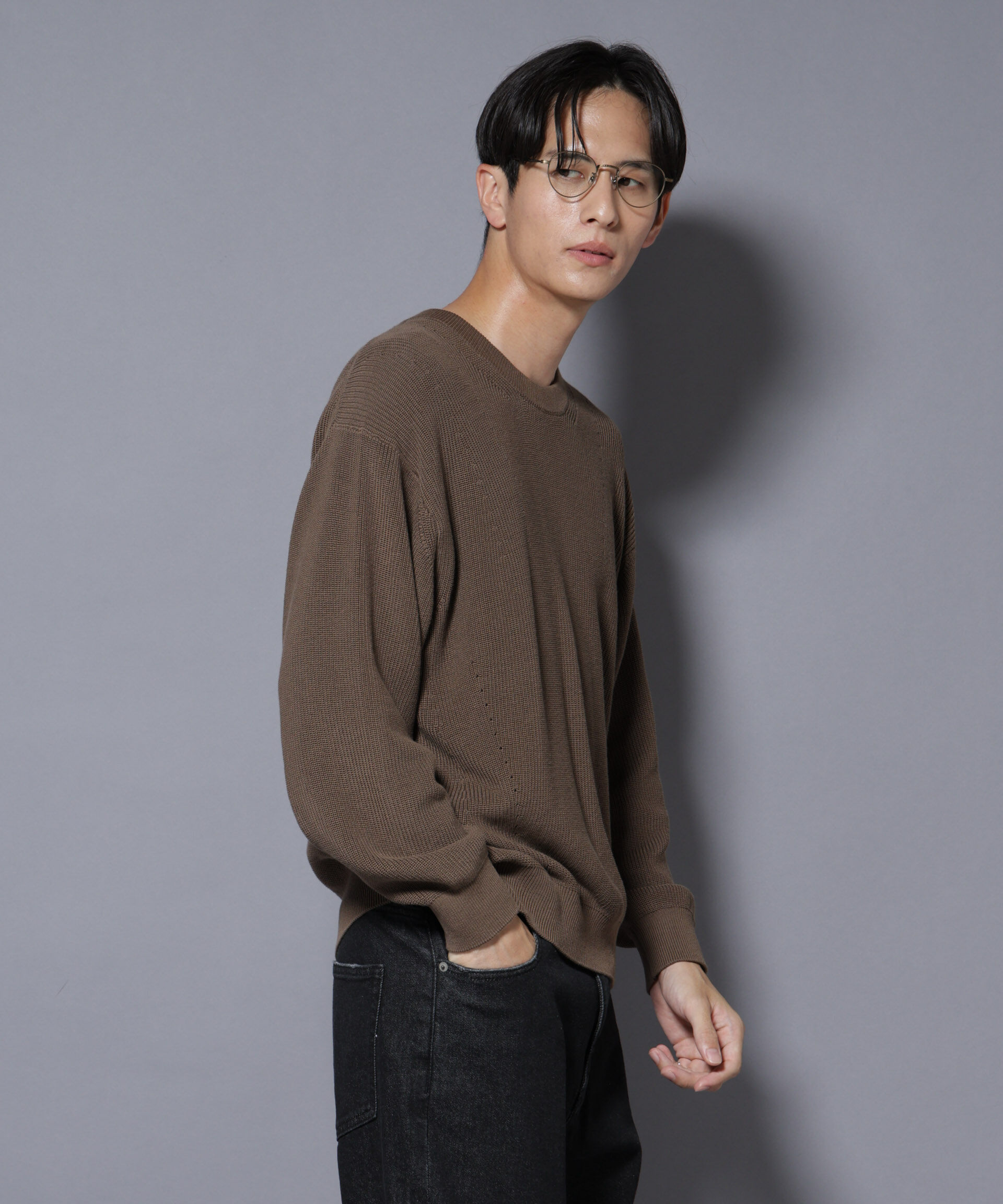 nano･universe「マーセライズコットン 畦クルーネックニット」|ニット・セーター|