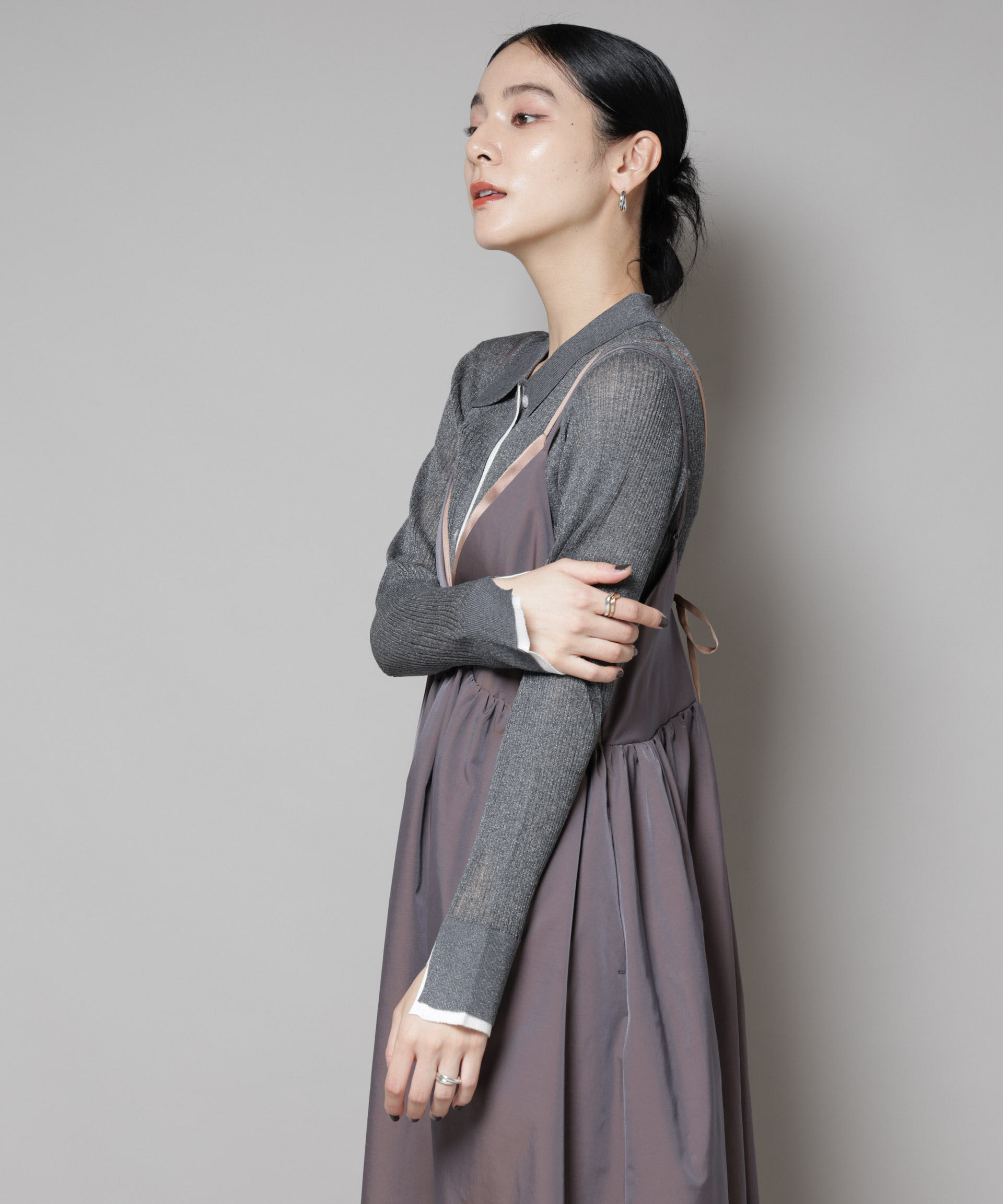 nano･universe「バイカラーシアーリブ衿付きカーディガン」|ニット・セーター|