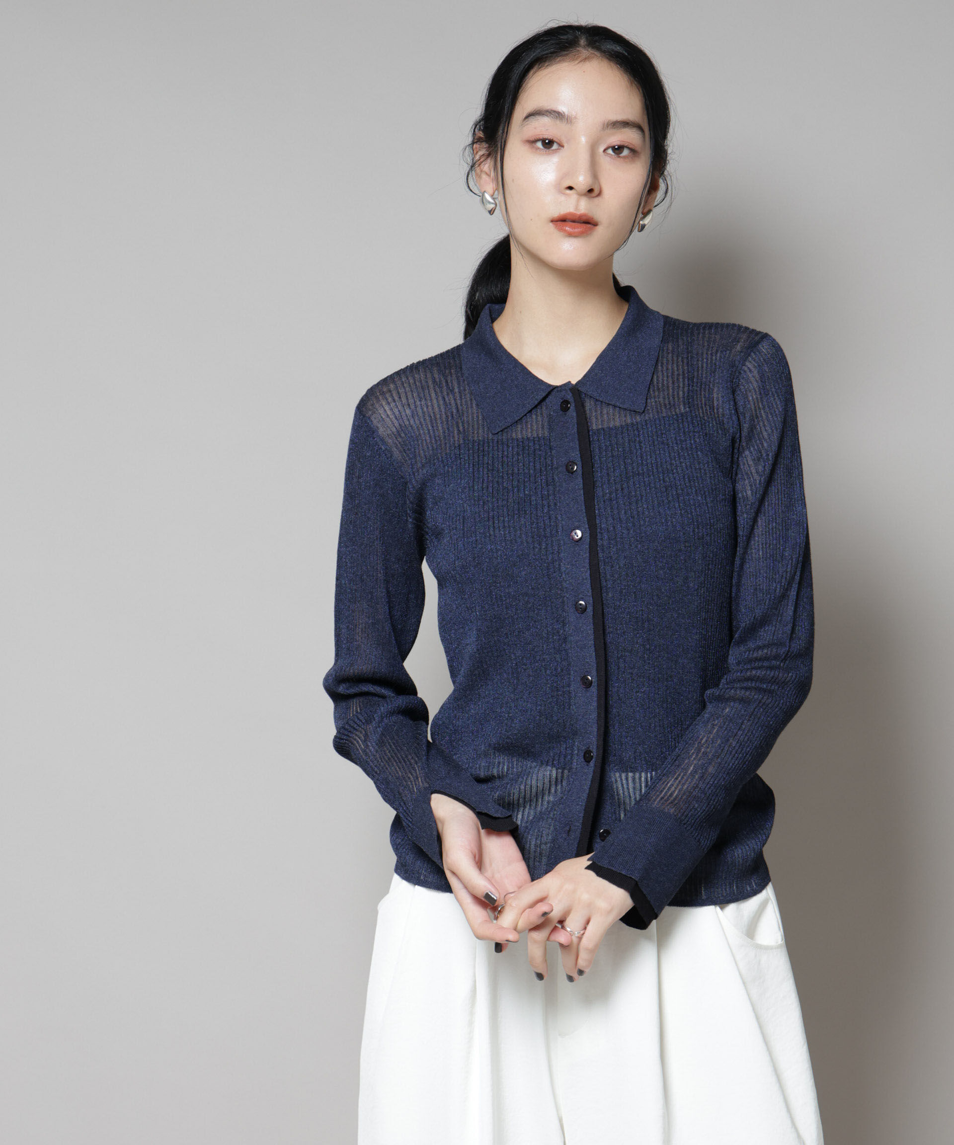 nano･universe「バイカラーシアーリブ衿付きカーディガン」|ニット・セーター|D.ネイビー1