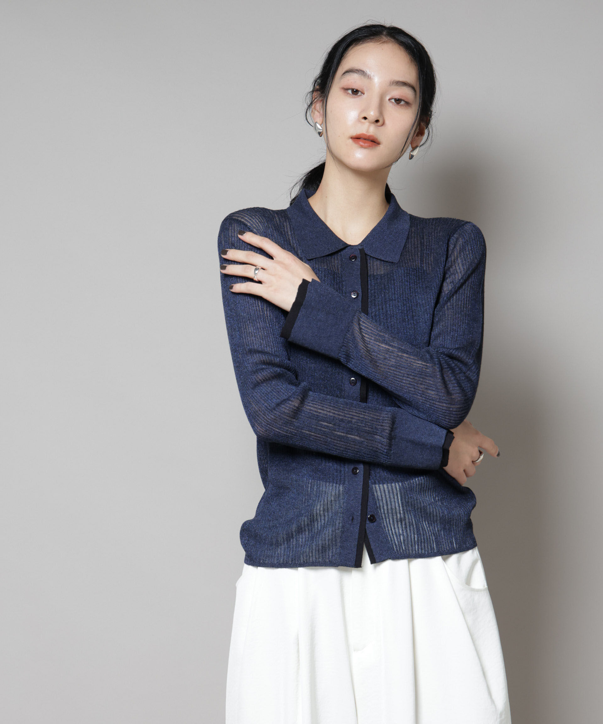 nano･universe「バイカラーシアーリブ衿付きカーディガン」|ニット・セーター|