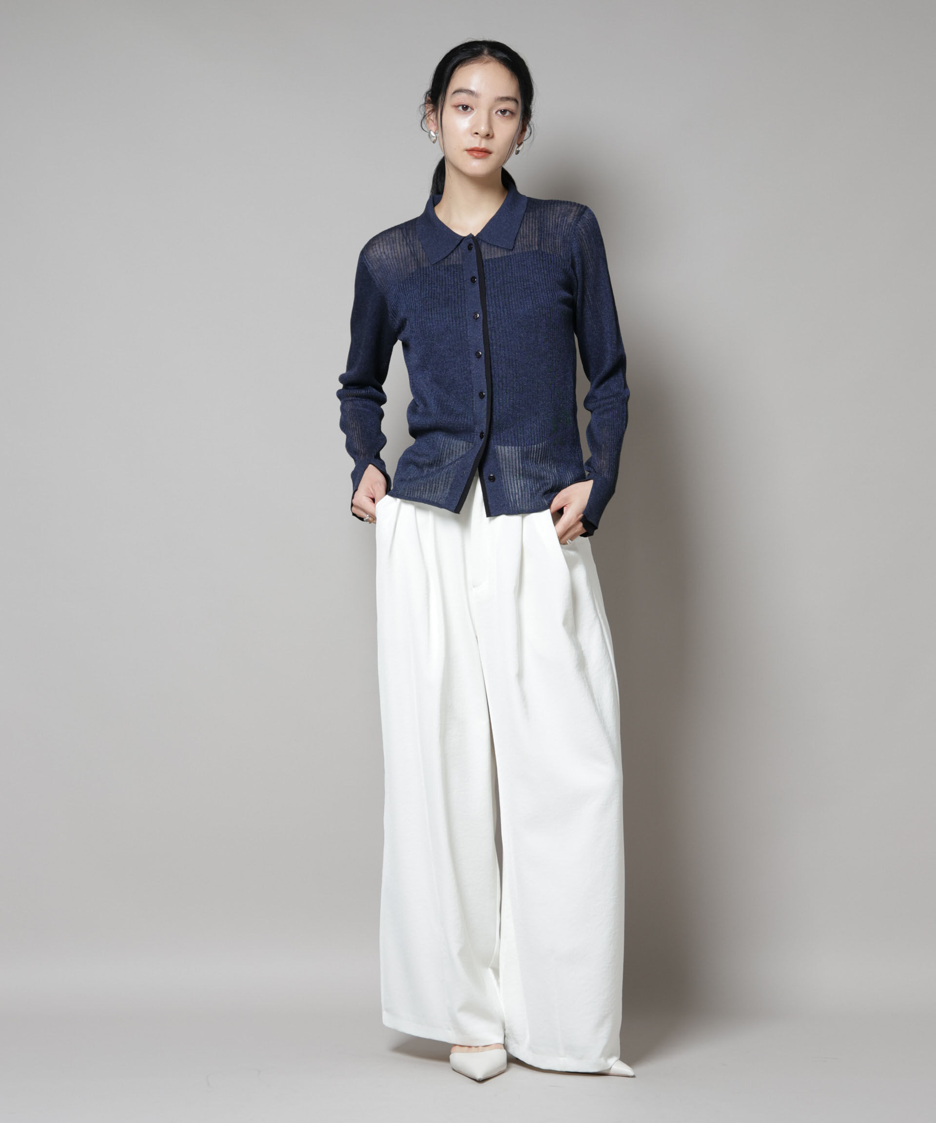 nano･universe「バイカラーシアーリブ衿付きカーディガン」|ニット・セーター|