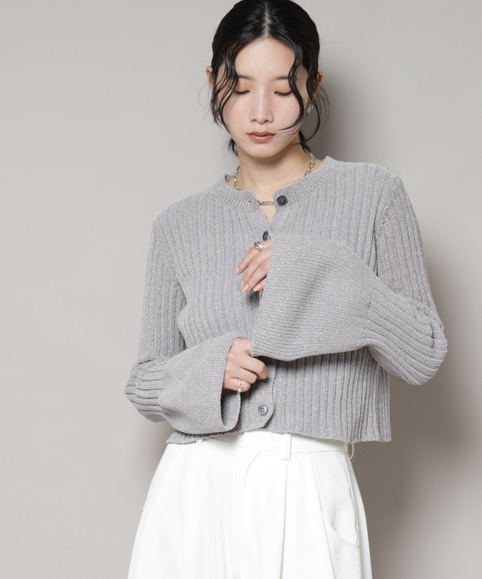 nano･universe「ラメモールワイドリブ前後2WAYフレアスリーブニット(セットアップ可)」|ニット・セーター|