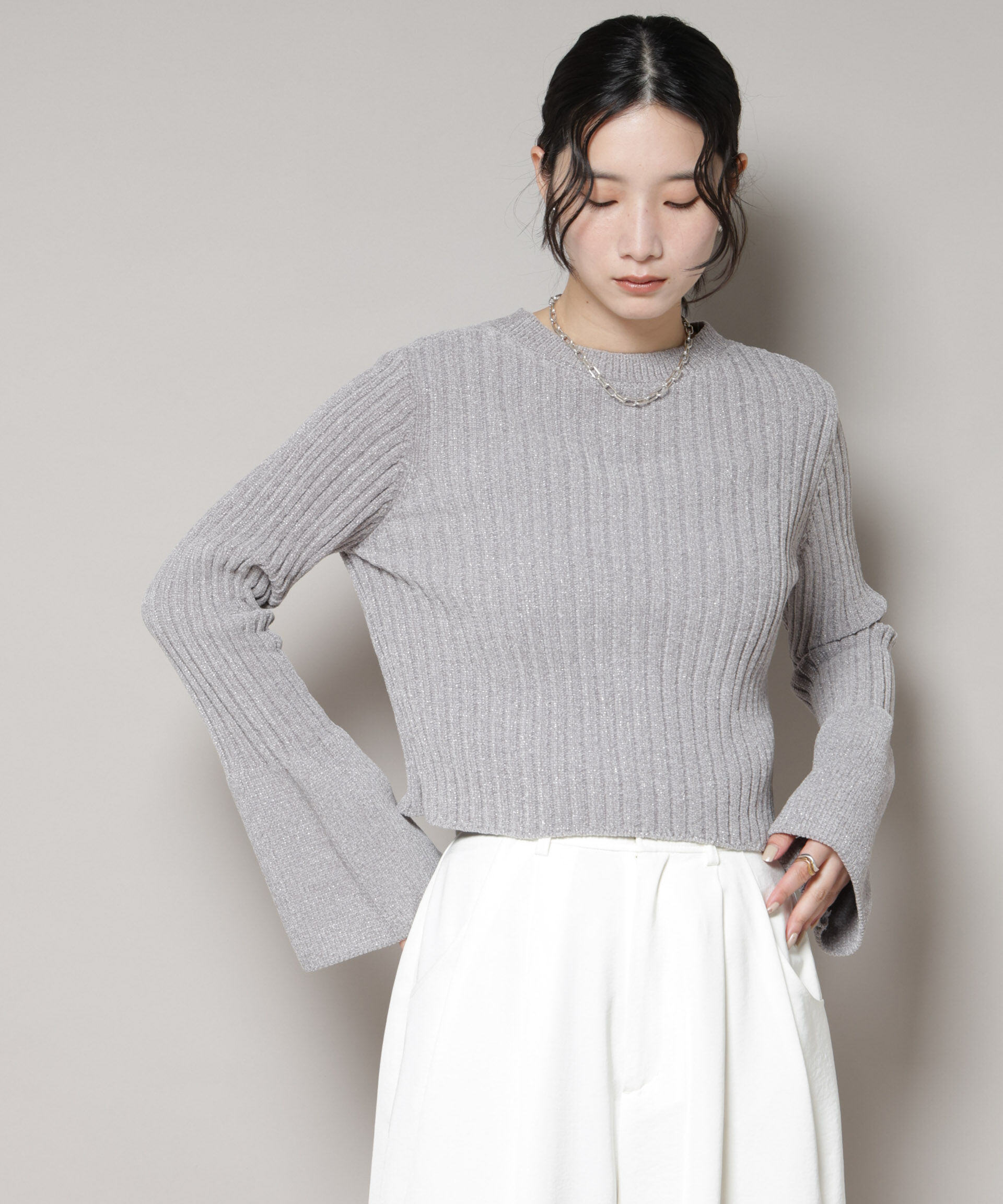 nano･universe「ラメモールワイドリブ前後2WAYフレアスリーブニット(セットアップ可)」|ニット・セーター|