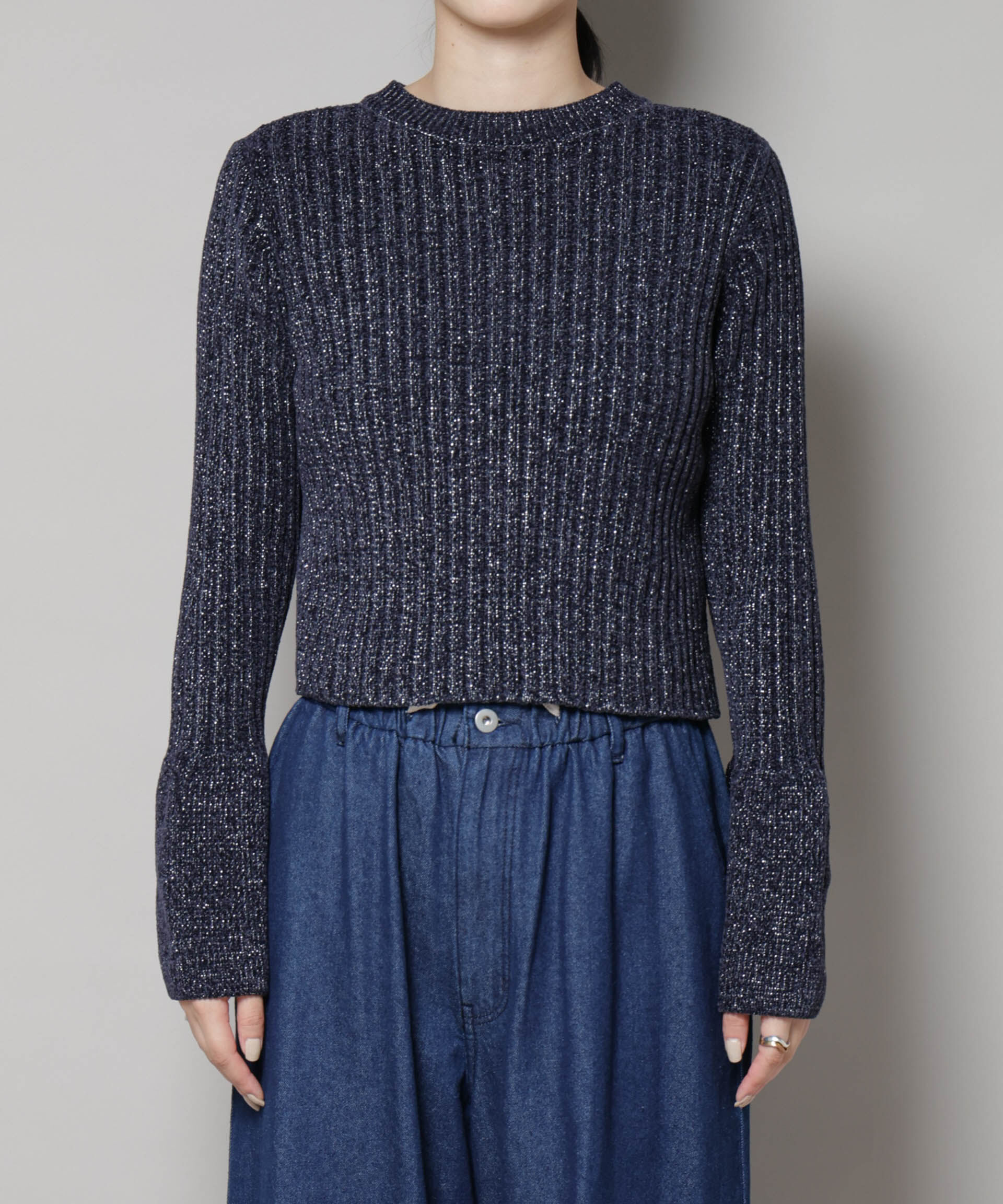 nano･universe「ラメモールワイドリブ前後2WAYフレアスリーブニット(セットアップ可)」|ニット・セーター|