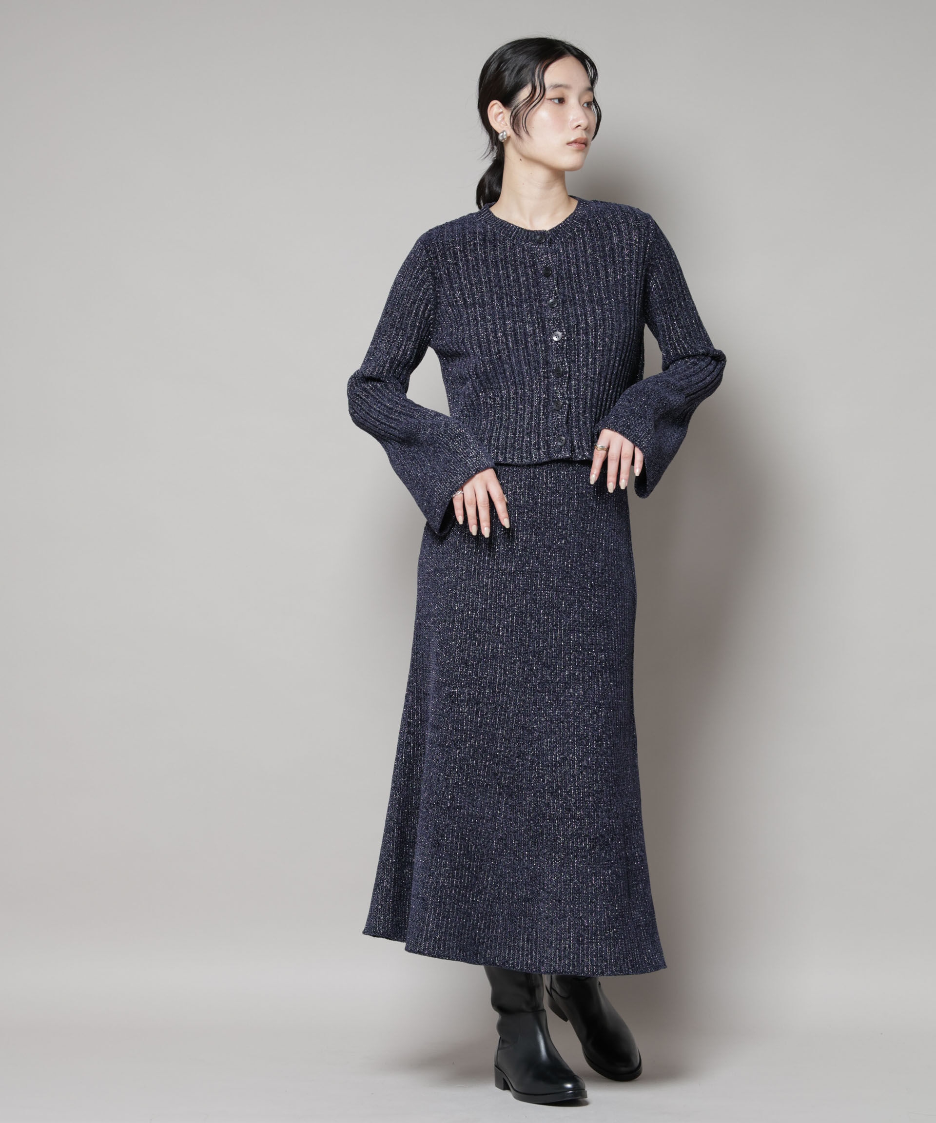 nano･universe「ラメモールワイドリブ前後2WAYフレアスリーブニット(セットアップ可)」|ニット・セーター|