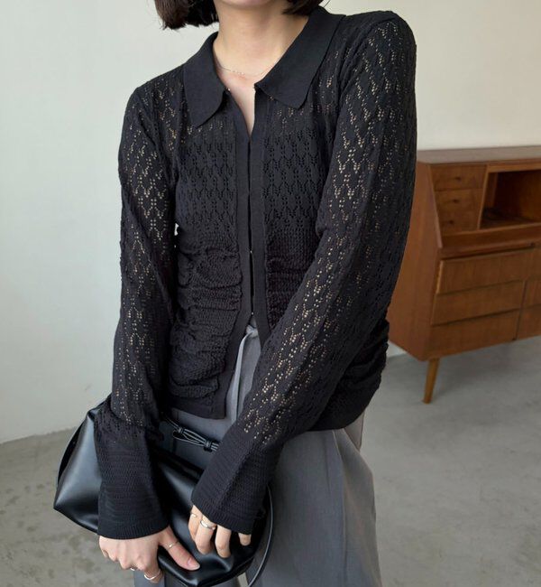  「レースシャーリングホックカーディガン」|カーディガン|ブラック
