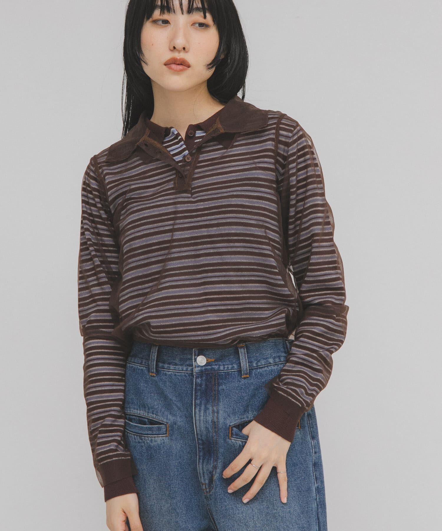  「チュールレイヤードニットシャツ」|ニット・セーター|ブラウン系その他