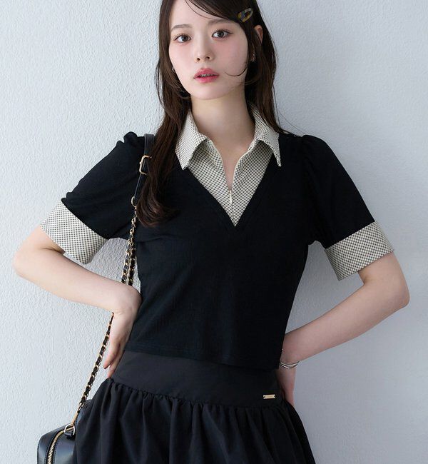  「チェックレイヤードドッキングトップス」|プルオーバー|