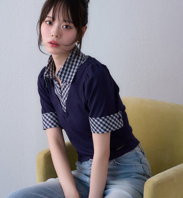  「チェックレイヤードドッキングトップス」|プルオーバー|ネイビー