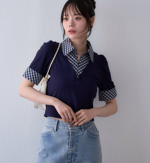  「チェックレイヤードドッキングトップス」|プルオーバー|