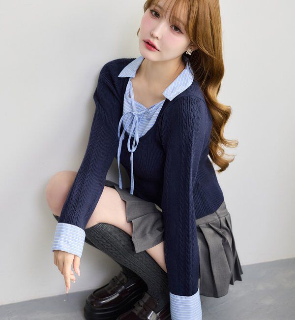  「シャツドッキングレイヤード風ニット」|ニット・セーター|ネイビー