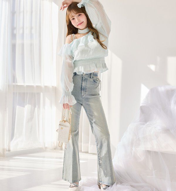  「サイドカットレース美脚ビジューデニム」|その他|