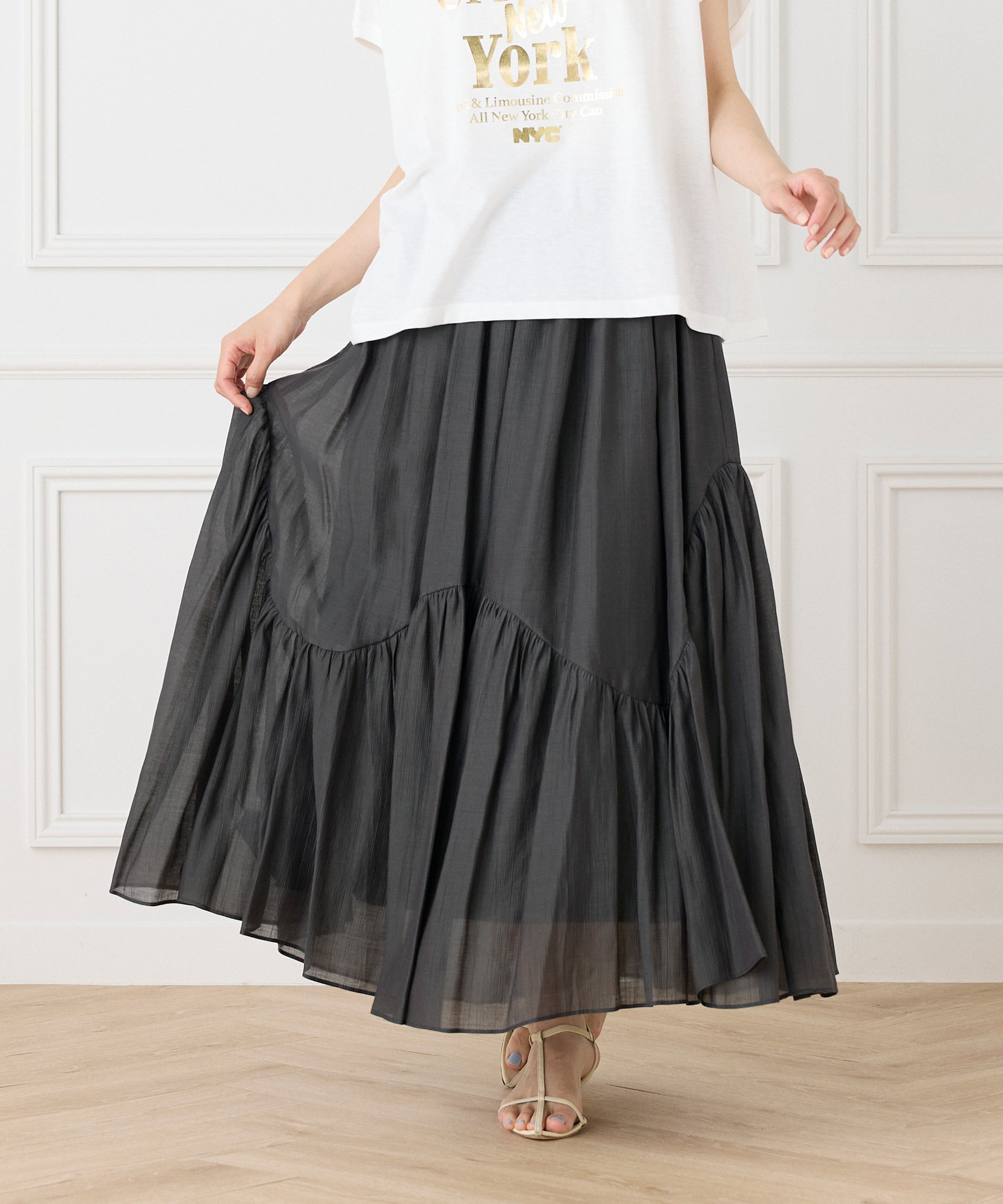 INED「《大きいサイズ》アシンメトリー切り替えギャザースカート」|フレア|チャコールグ 3