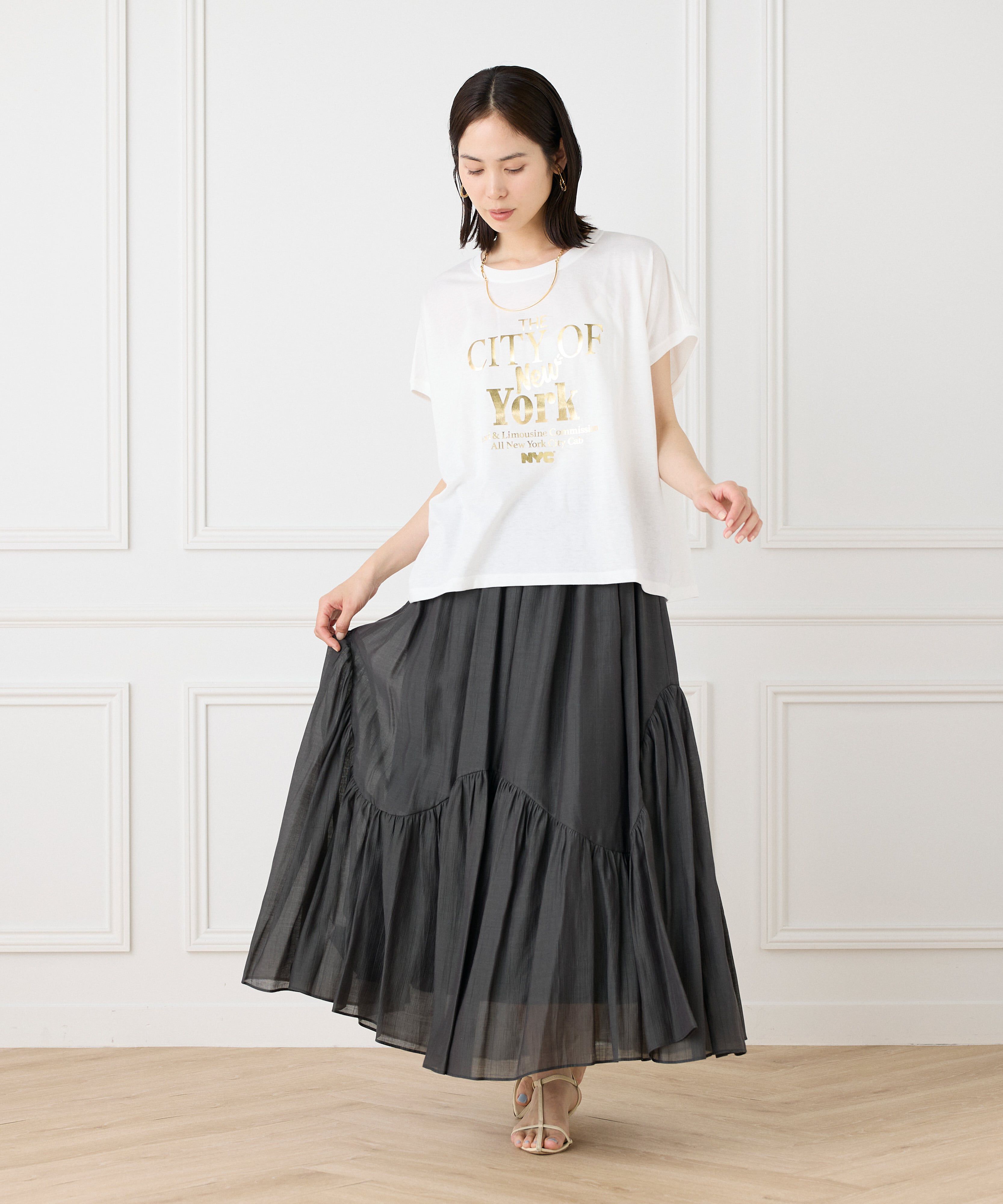 INED「《大きいサイズ》アシンメトリー切り替えギャザースカート」|フレア|