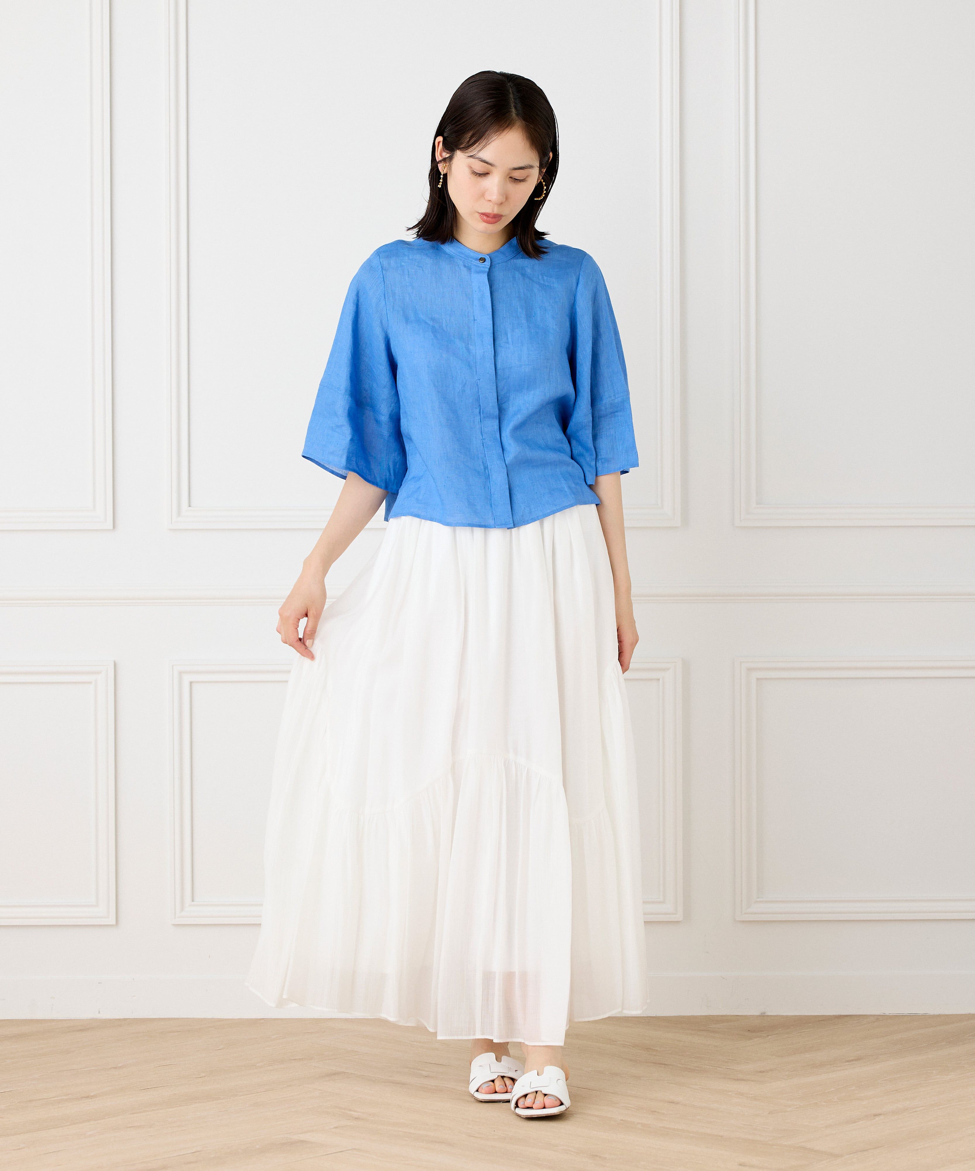 INED「《大きいサイズ》アシンメトリー切り替えギャザースカート」|フレア|