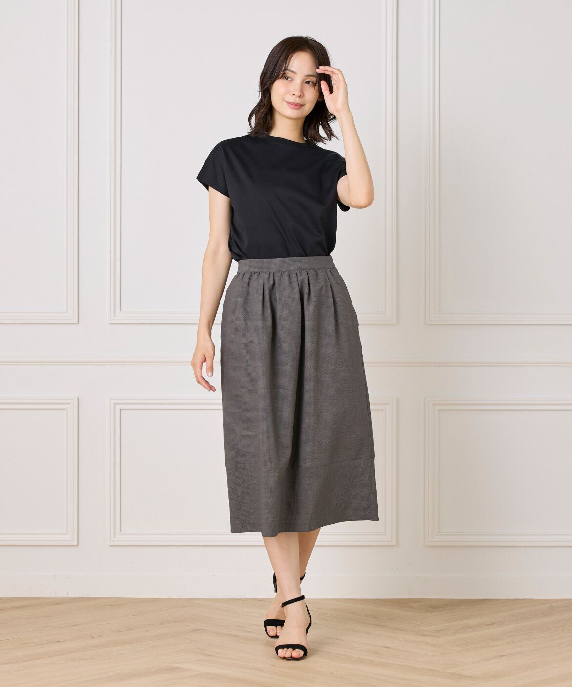 7-IDconcept.「サッカーチェック 切り替えギャザースカート」|台形|