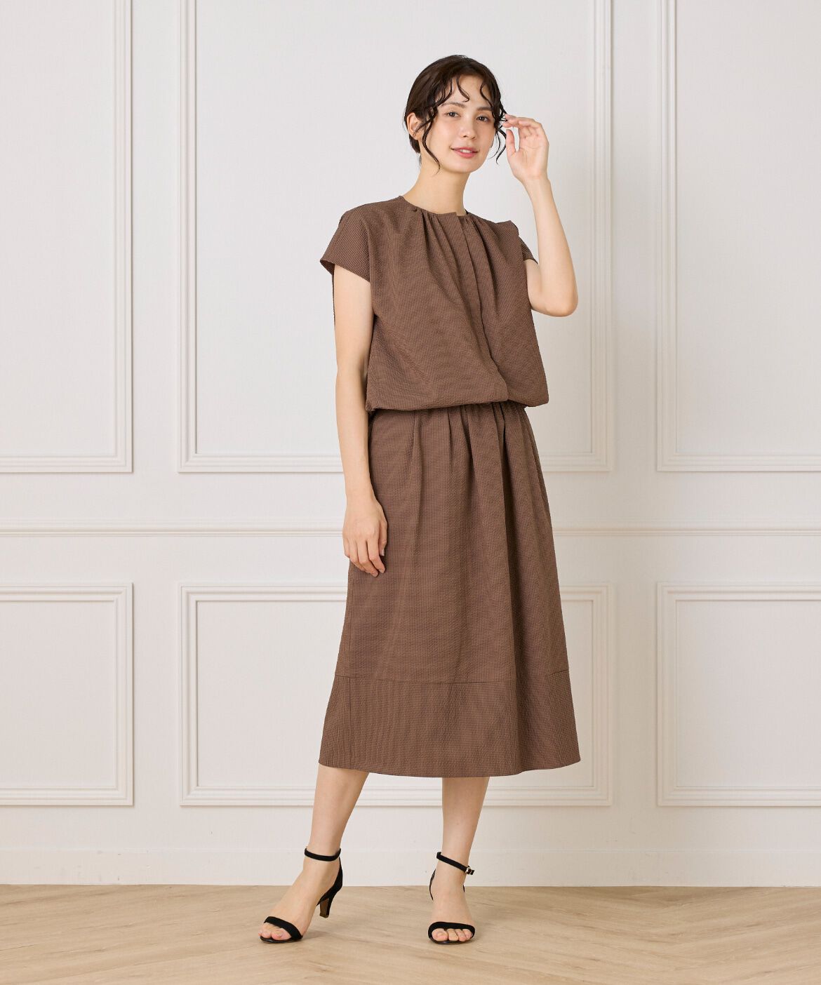 7-IDconcept.「サッカーチェック 切り替えギャザースカート」|台形|