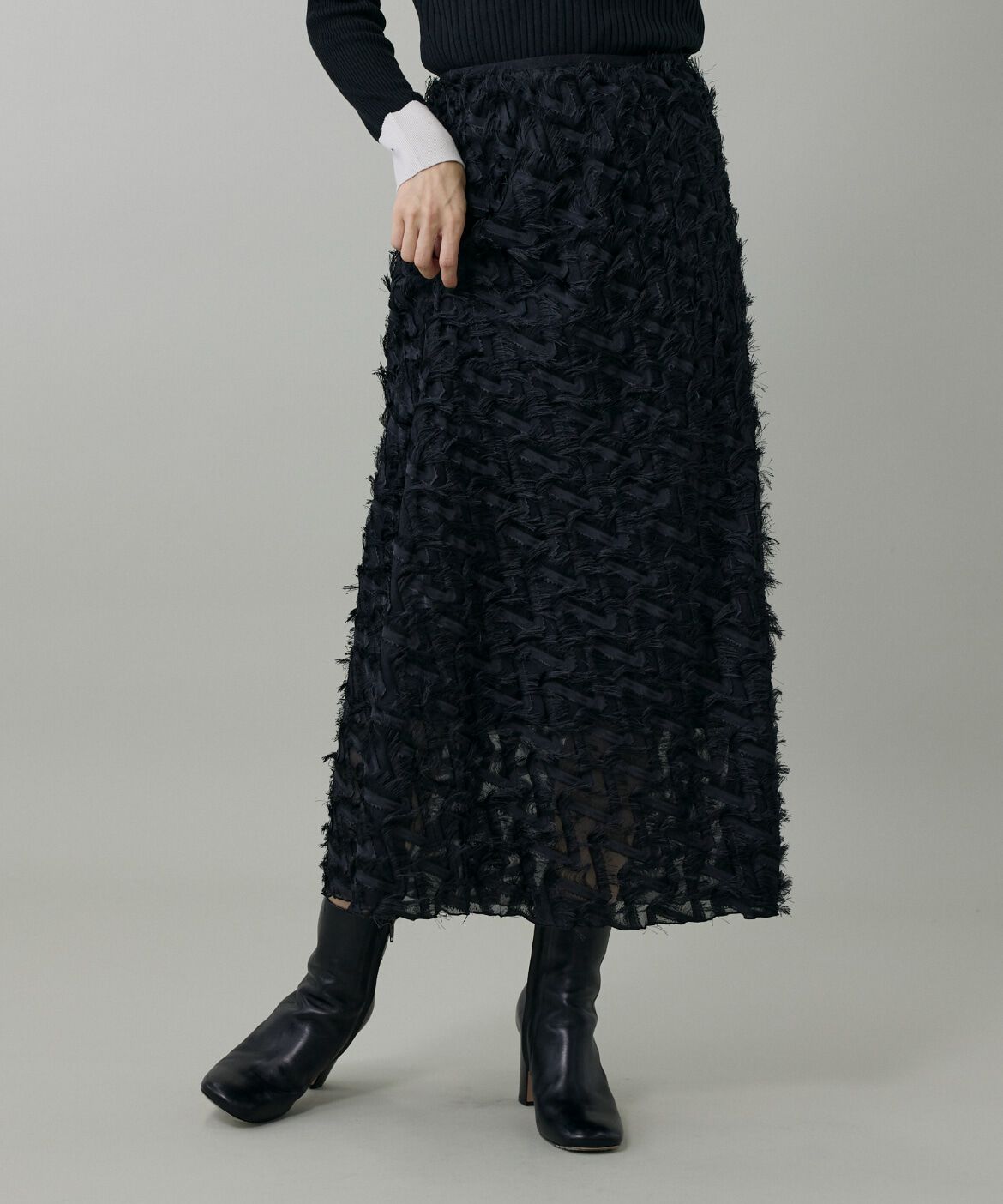INED「《大きいサイズ》ジャガードスカート」|フレア|ブラック