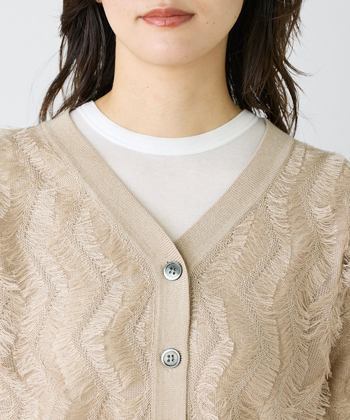 INED「フリンジVネックカーディガン」|カーディガン|