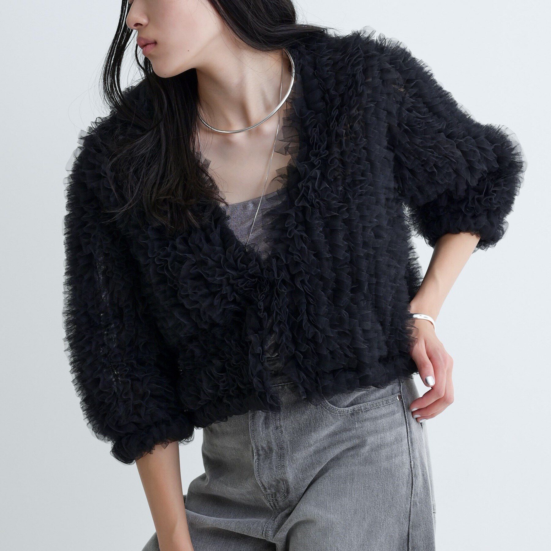 GALLEST「ボリュームチュールカーディガン」|カーディガン|ブラック(019)