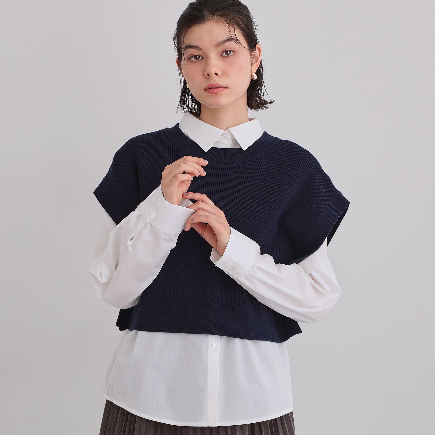 THE SHOP TK「【2点セット】レイヤードスタイルでこなれ見え ニットベスト＆シャツ」|その他|ネイビー(094)
