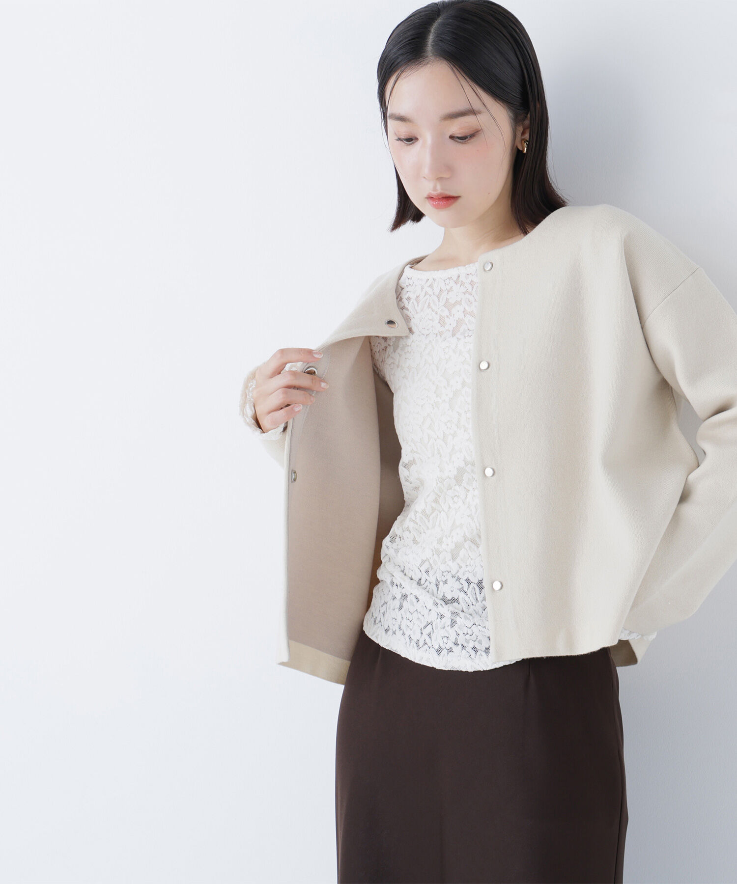  「バイカラー接結カーディガン」|ニット・セーター|ベージュ&times;ク  2