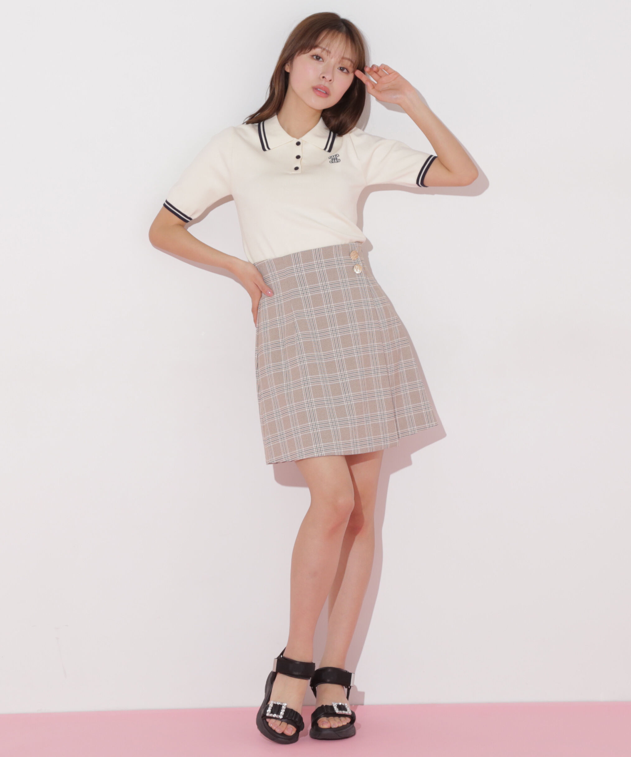  「ラップ風カラーチェックミニスカート」|スカート|ベージュ