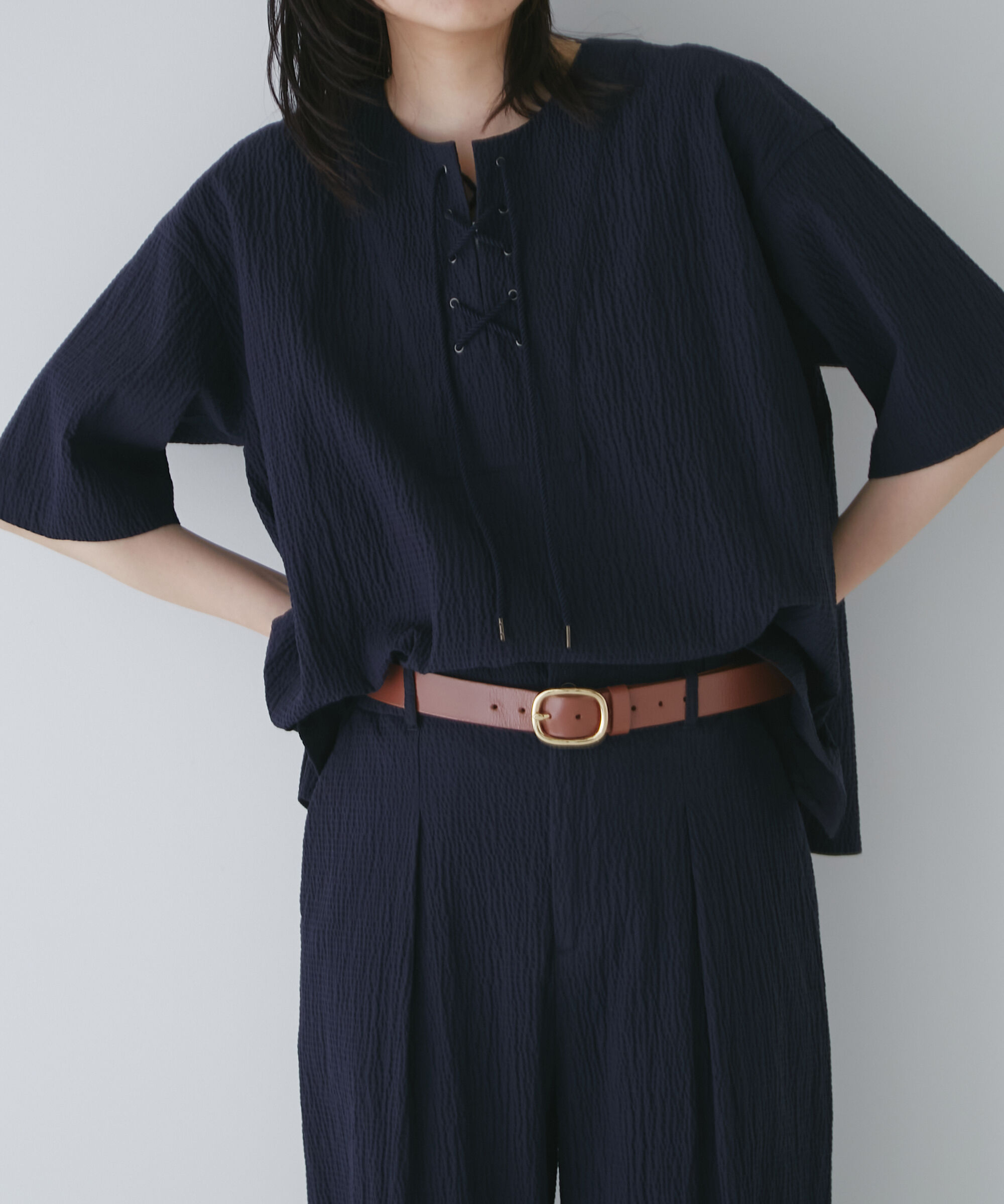  「◆サッカーストレッチブラウス」|シャツ・ブラウス|ネイビー