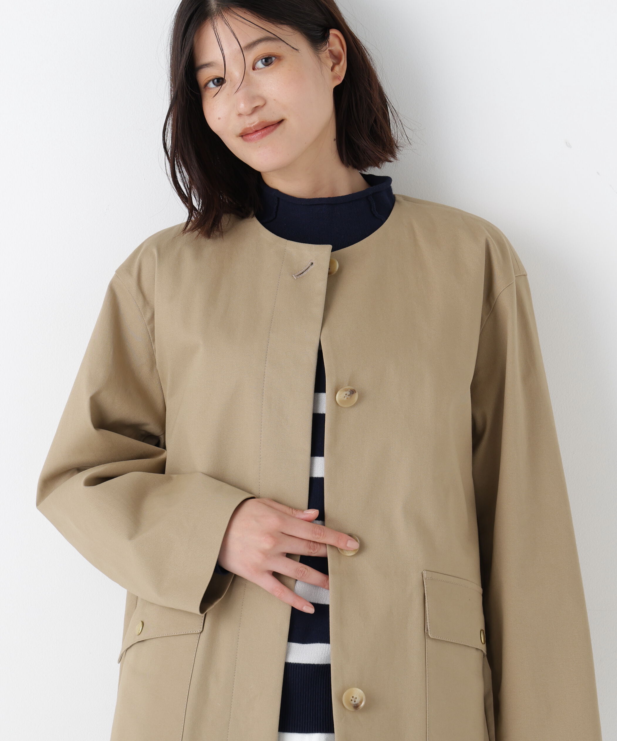  「◆ライナー付きフラップノーカラーコート」|その他|ベージュ