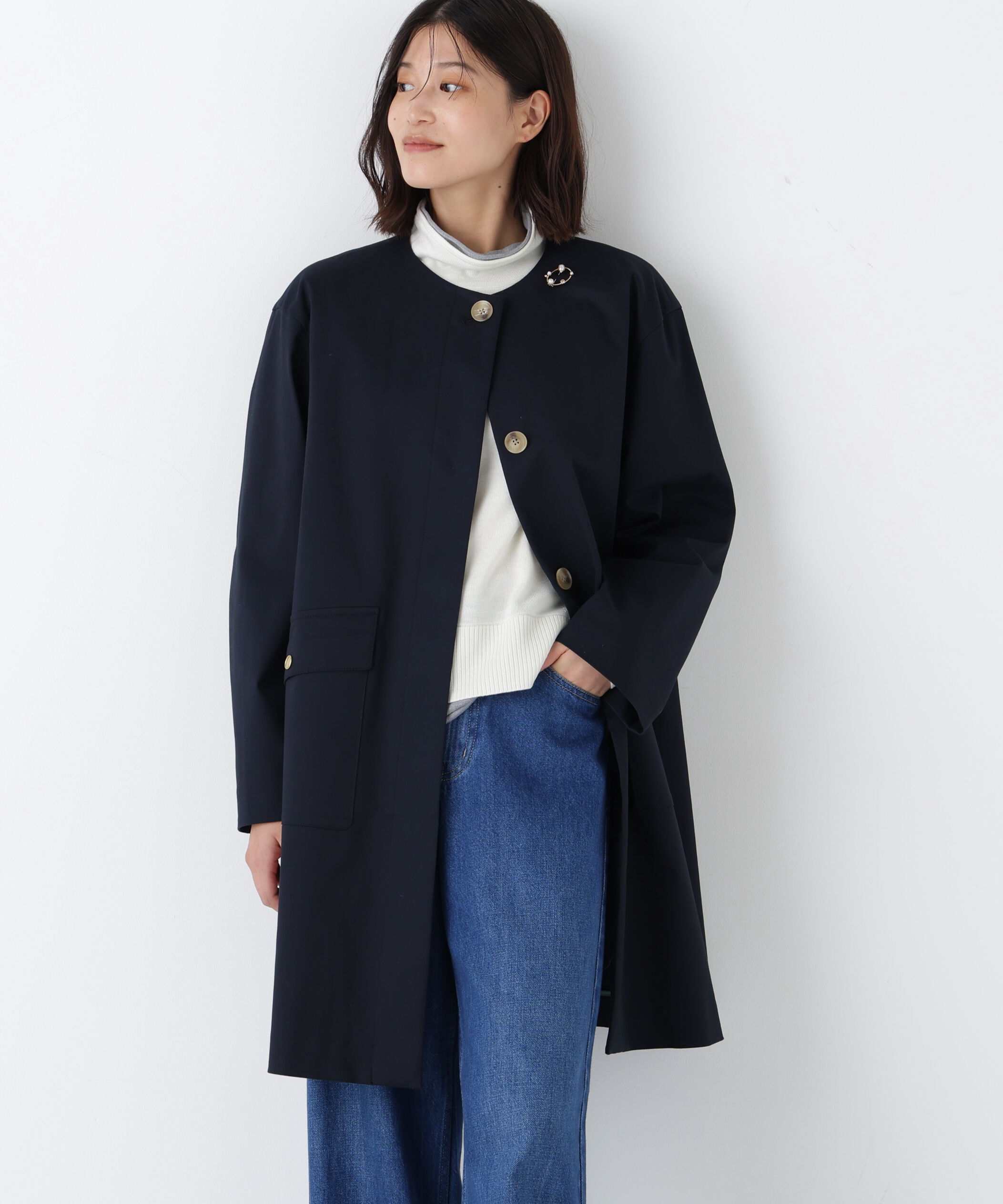  「◆ライナー付きフラップノーカラーコート」|その他|ネイビー