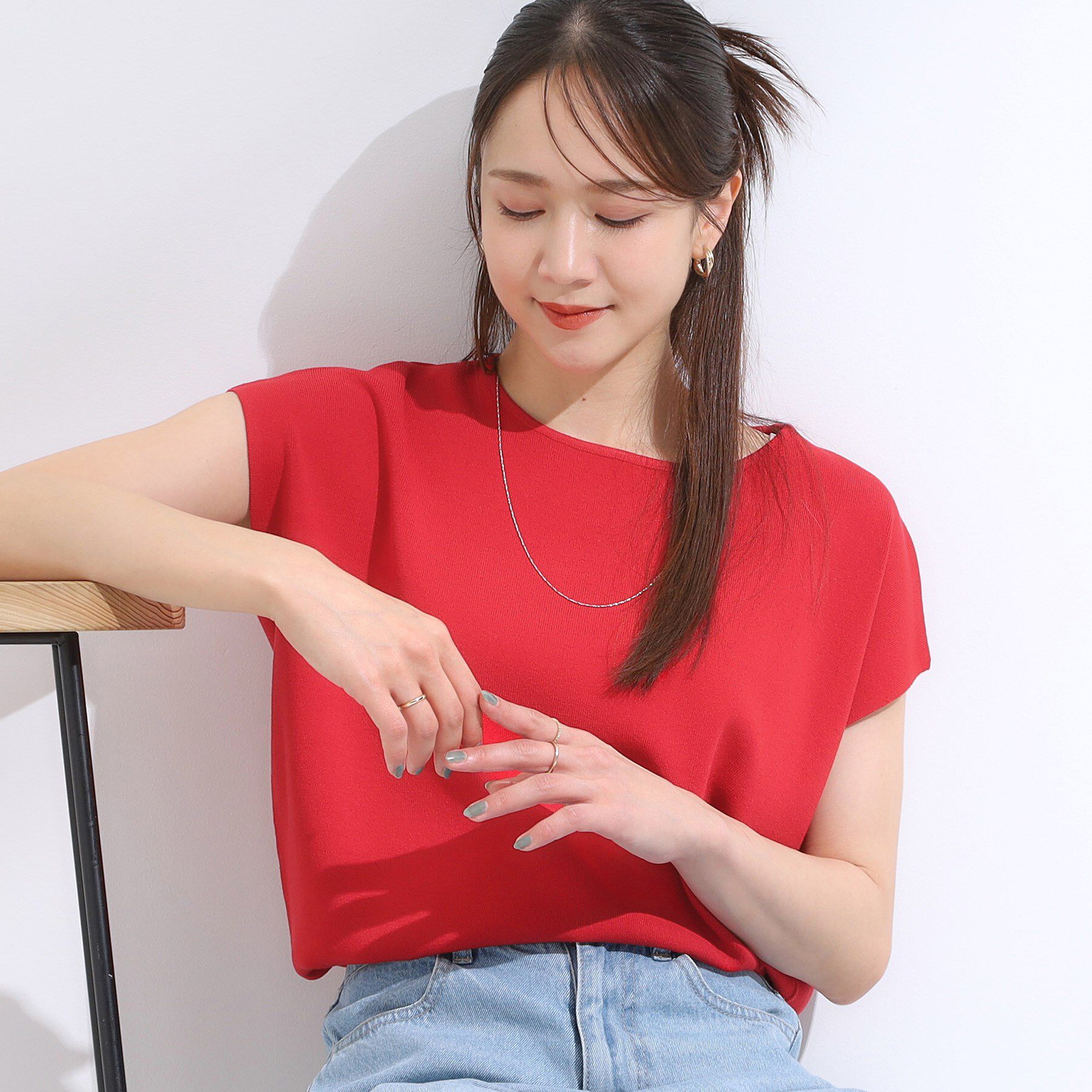 SHOO･LA･RUE「【洗える/S-LL/ひんやり】さらりと好印象　総針フレンチスリーブニット」|ニット・セーター|レッド(062)