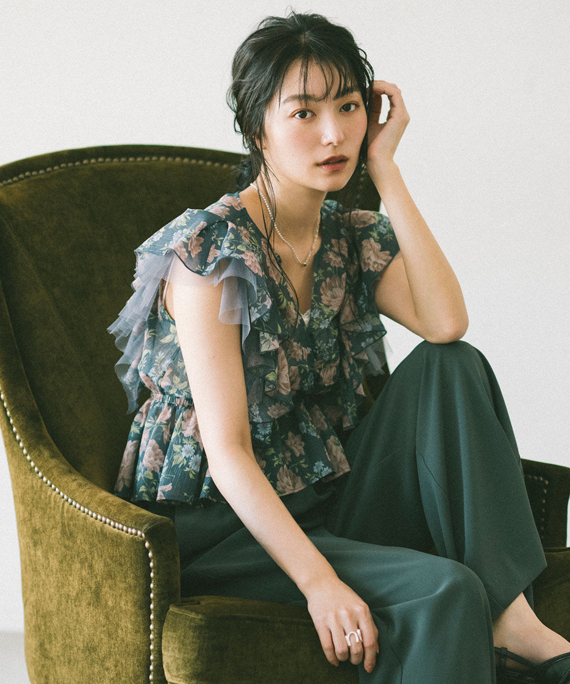 COCO DEAL「ラッフルフラワーギャザーブラウス」|シャツ・ブラウス|ネイビー系