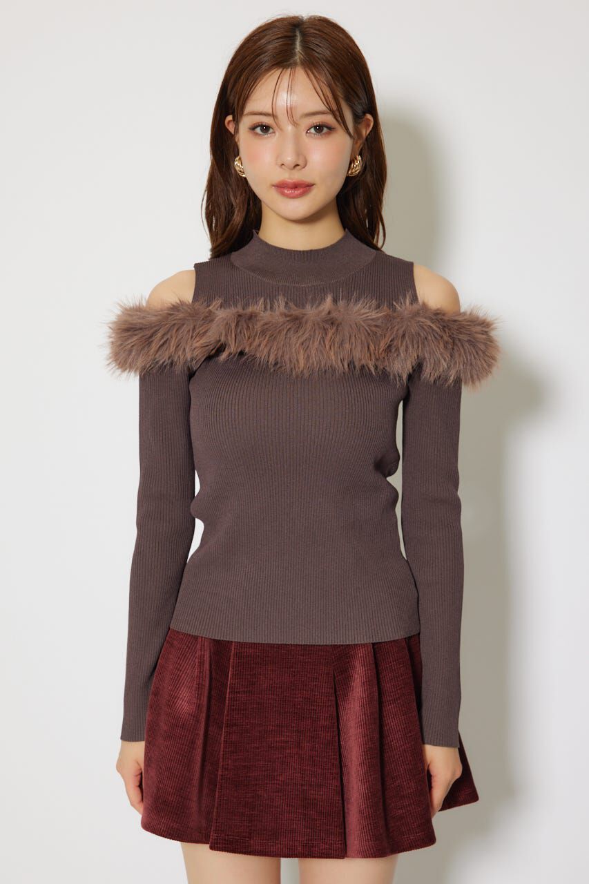 rienda「ショルダーオープンフェイクファーニットトップス」|ニット・セーター|