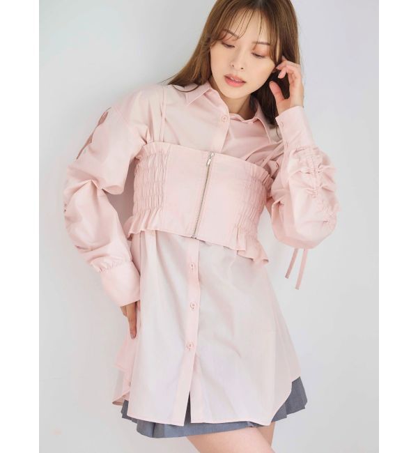 MERCURYDUO「シャーリングZIPビスチェセットシャツ」|シャツ・ブラウス|ピンク