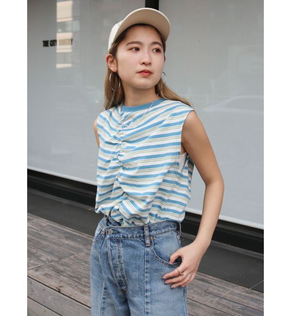 Ungrid「ギャザーデザインマルチボーダータンクトップ」|タンクトップ|ブルー