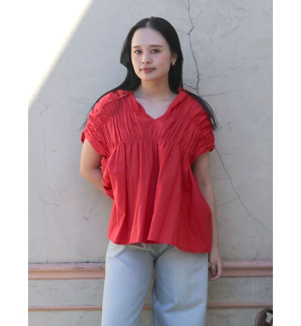 Ungrid「リネン混ギャザーノースリブラウス」|シャツ・ブラウス|レッド