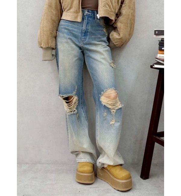 EVRIS「ヴィンテージライクダメージワイドデニムパンツ」|デニム|