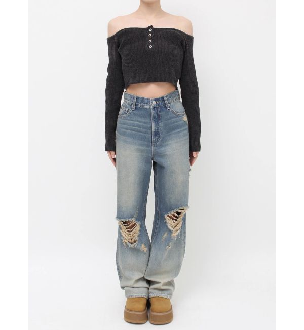 EVRIS「ヴィンテージライクダメージワイドデニムパンツ」|デニム|