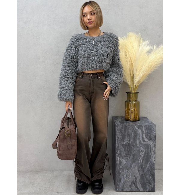 EVRIS「サイドギャザーリボンセミワイドデニムパンツ」|デニム|