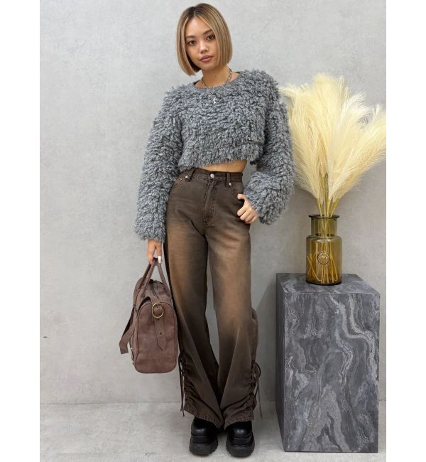 EVRIS「サイドギャザーリボンセミワイドデニムパンツ」|デニム|