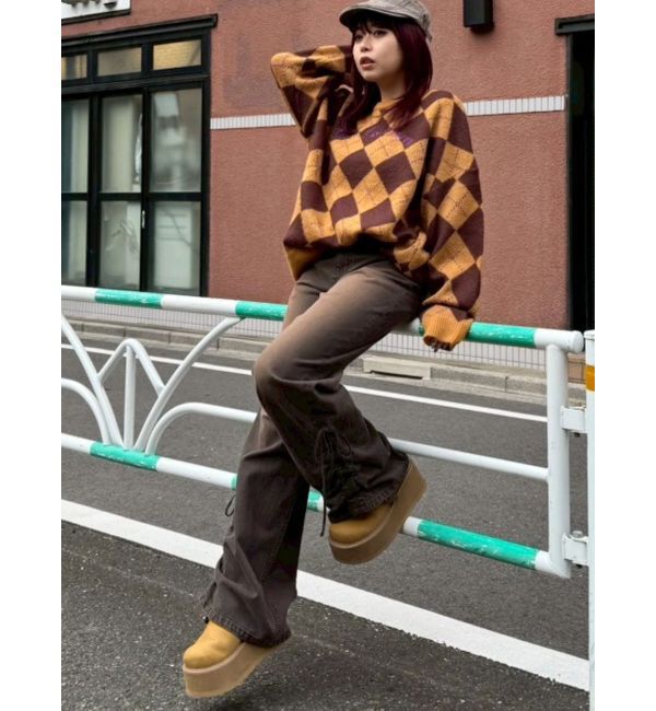 EVRIS「サイドギャザーリボンセミワイドデニムパンツ」|デニム|