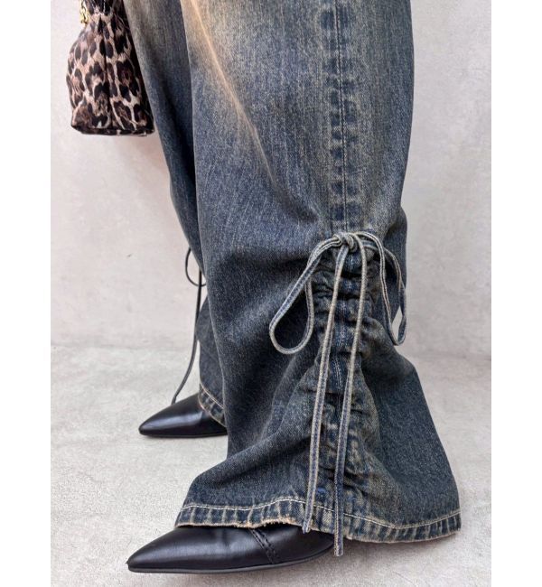 EVRIS「サイドギャザーリボンセミワイドデニムパンツ」|デニム|